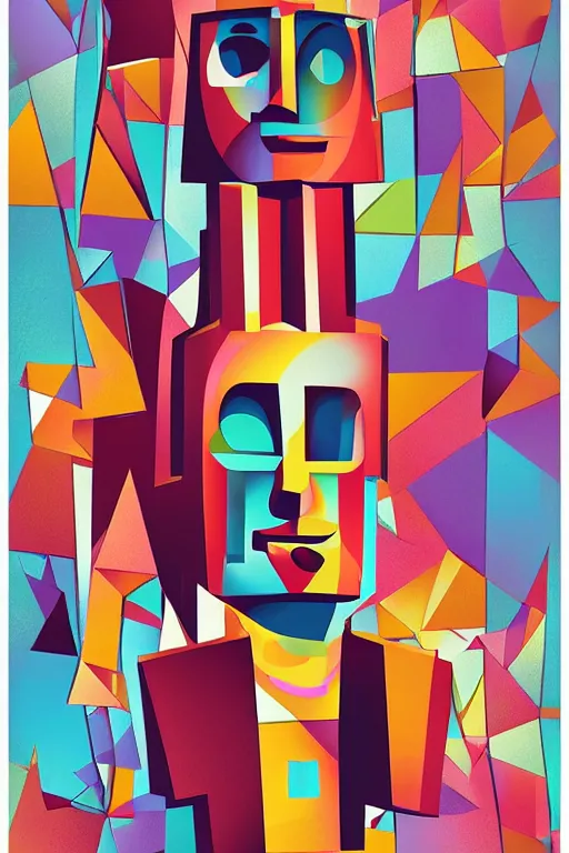 Image similar to cubist moai statue cutout digital illustration cartoon colorful beeple