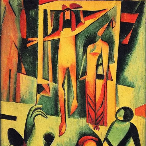 Prompt: A painting showing the resurecction of Jesus Christ, Ernst Ludwig Kirchner, Ladislaus Eugen Petrovit, Paul Klee