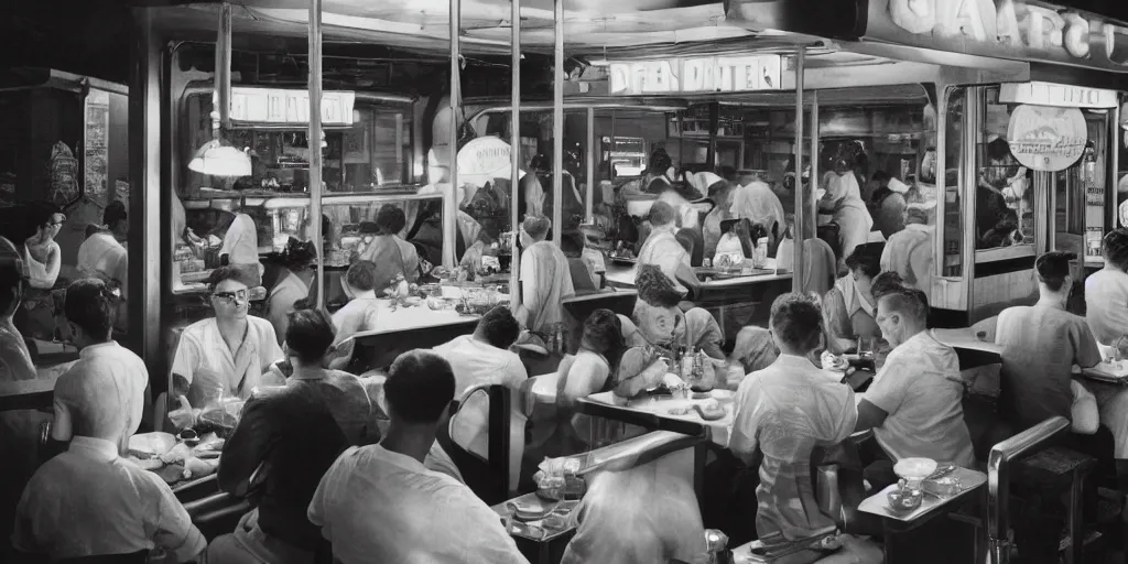 Image similar to detailed sharp photograph in the style of popular science circa 1 9 5 5 and gregory crewdson of a 1 9 5 0 s crowded diner summer night