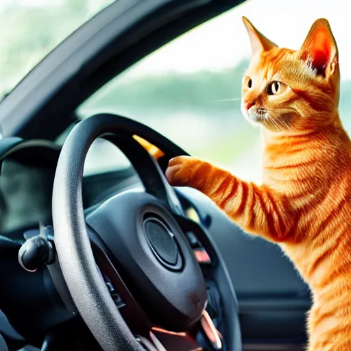 Image similar to an orange tabby cat driving a car