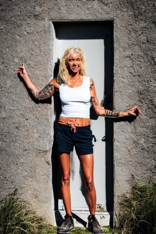 Prompt: photographic portrait of a blonde woman, 40 years old, brown sun tanned skin, tattoos down left arm and back, wearing a charcoal vest top, white shorts and hiking boots, stood in sunshine in front of a door