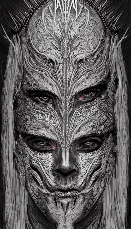 Image similar to immortal alien emperor hybrid aztec fantasy beautiful angellic symmetrical elven face mask tattoo pattern concept, teonanacatl glyph, intricate artwork by, Johnatan Wayshak, Zdizslaw Beksinski, face by Artgerm, H.R. Giger, very coherent artwork, cinematic, hyper realism, high detail, octane render, unreal engine, 8k, High contrast, higly detailed black ink outline, crosshatch sketch gradient