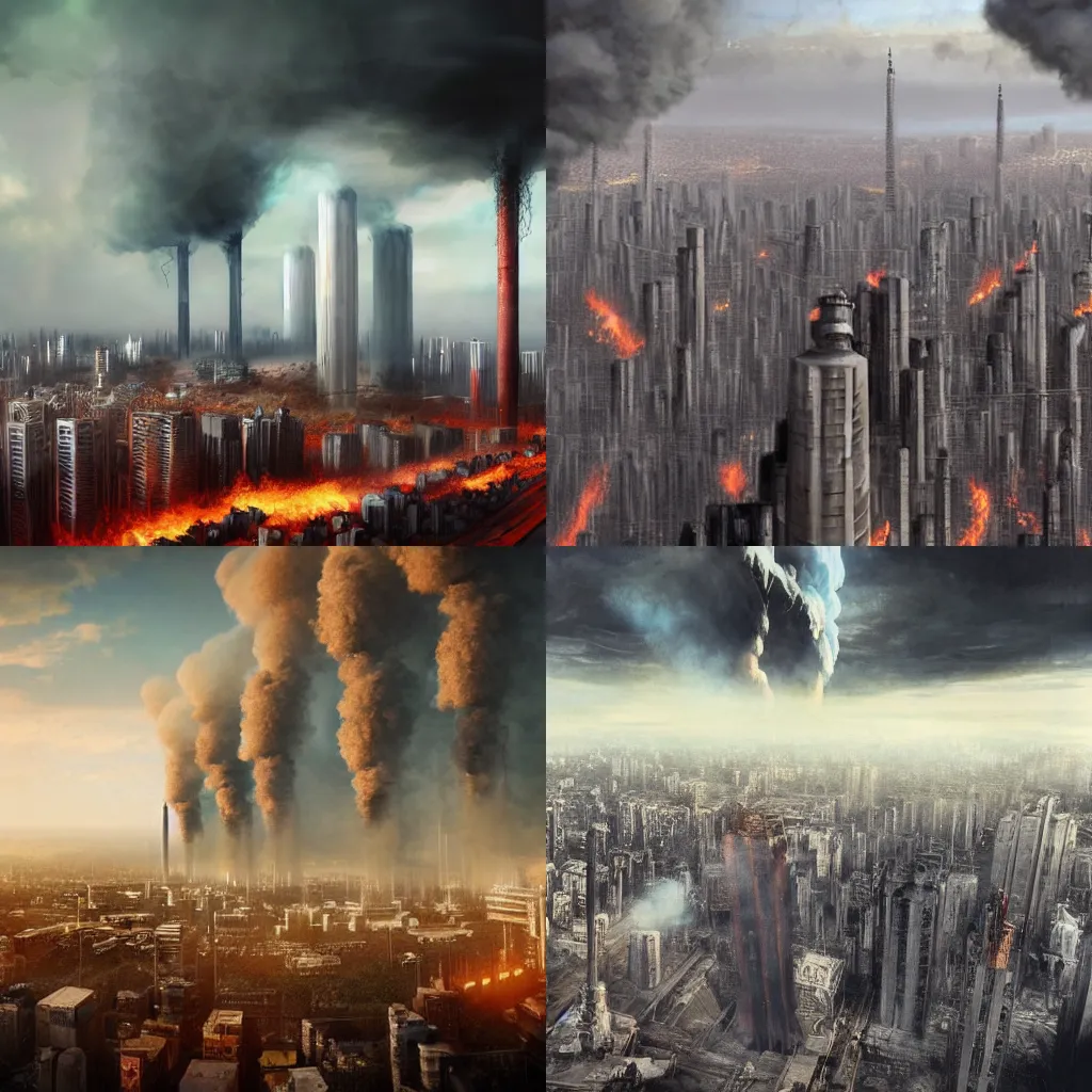 Prompt: a giant column of smoke billows around a massive vertical city on the horizon, the ground is covered with pipes leading toward the explosion, pipes completely cover the ground, michael bay, concept art, gritty world, fantasy, sci-fi