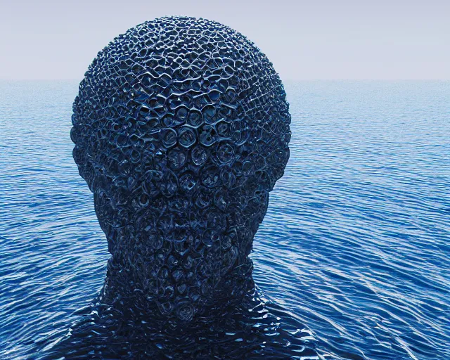 Prompt: a long shot of a giant award winning sculpture made out of billiard balls of a human head on the surface of the ocean, in the style of chad knight, hyper detailed, hyper realistic, ray tracing, 8 k resolution, sharp focus, realistic water