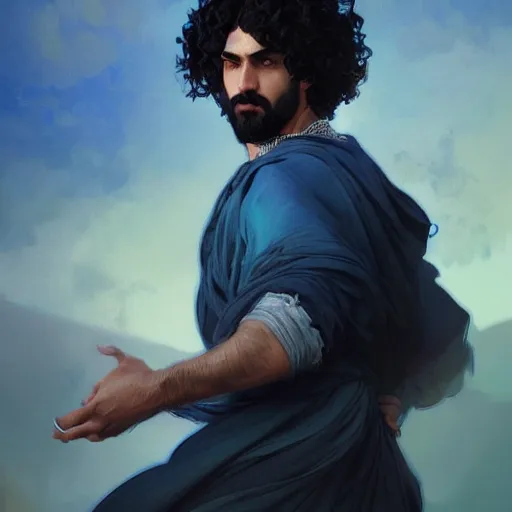 Image similar to ,Crystal blue eyes arab man with black hair curly,serious face, by WLOP,Artgerm,Greg Rutkowski,Alphonse Mucha, Beautiful dynamic,shadows,Artstation,concept design art,Octane render,8K