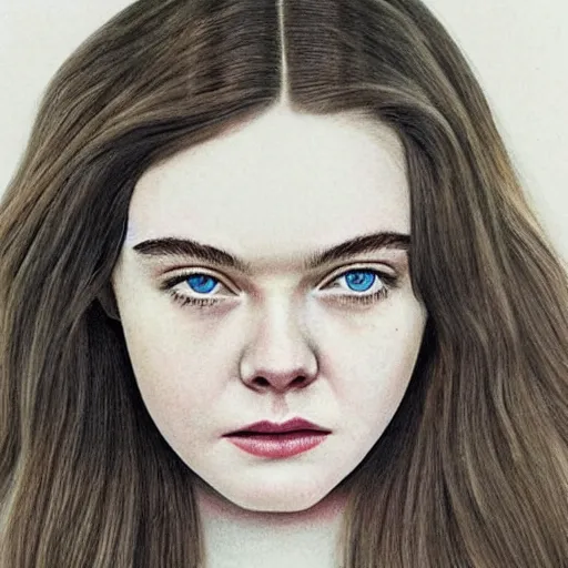 Image similar to Elle Fanning, head and shoulders portrait, extremely detailed masterpiece, in the style of a Russian criminal tattoo on paper,