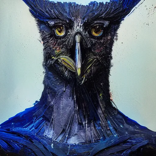 Prompt: photoreal colorful gouache impasto portrait of a crow!!!! by nicola samori and russ mills, blue glowing aggressive led eyes, zbrush, greeble skin, octane render