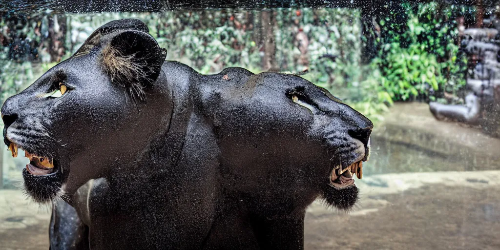 Image similar to the smooth black lioness, made of smooth black goo, in the zoo exhibit, viscous, sticky, full of black goo, covered with black goo, splattered black goo, dripping black goo, dripping goo, splattered goo, sticky black goo. photography, dslr, reflections, black goo, zoo, exhibit