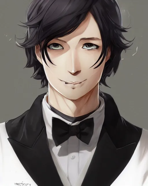 Image similar to an anime portrait of doctor bob as a beautiful man wearing a tuxedo from skyrim, by stanley artgerm lau, wlop, rossdraws, james jean, andrei riabovitchev, marc simonetti, and sakimichan, trending on artstation