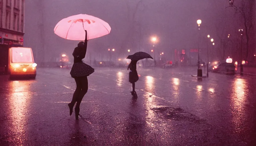 Image similar to street of paris photography, night, rain, mist, only one prima ballerina dancing, a pink umbrella, cinestill 8 0 0 t, in the style of william eggleston