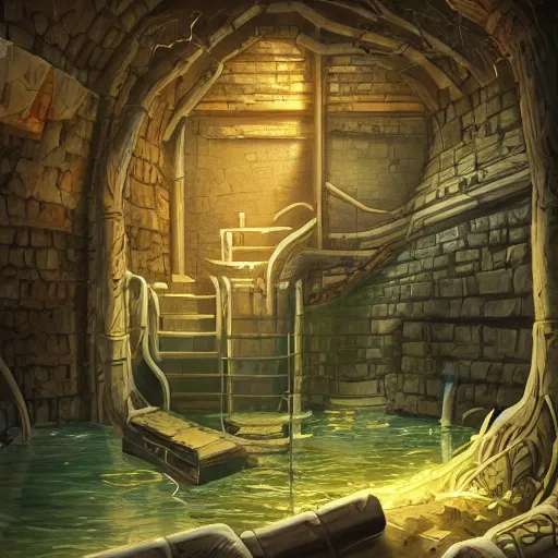 Image similar to drowned bandit lair, sewers, victorian, warehouse, fantasy art, artstation