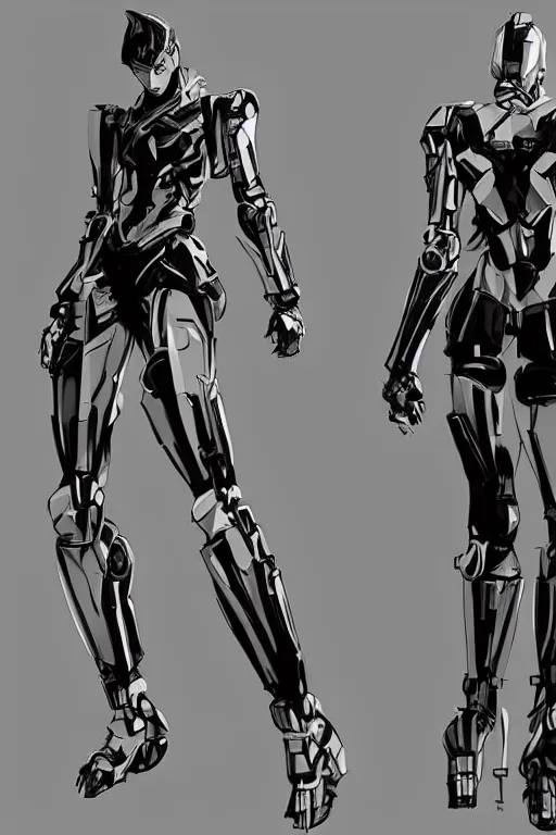 Image similar to fashion robot character design by yoji shinkawa, sharp lines, highly detailed, full body shot