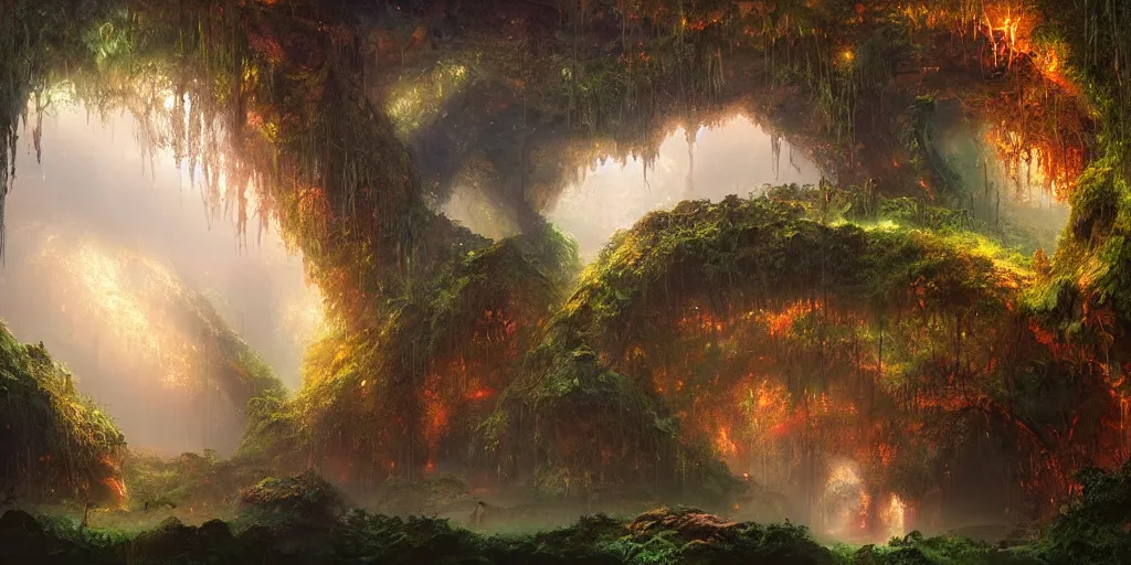 Image similar to a digital painting of a cave entrance in a mystical forest with vines hanging from trees, fireflies glowing in various colors, desaturated, a detailed matte painting by stephan martiniere, cgsociety, fantasy art, matte painting, concept art, fractalism