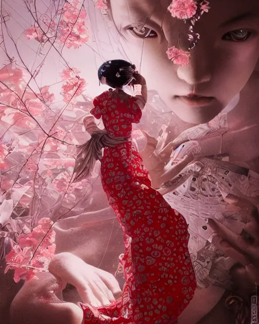 Image similar to detailed photo of pearl japanese doll, beautiful clothes, innocent, elegant red dress, 8 k, by tristan eaton, stanley artgermm, tom bagshaw, greg rutkowski, carne griffiths, trending on deviantart, hyper detailed, glorious lighting, epic environment