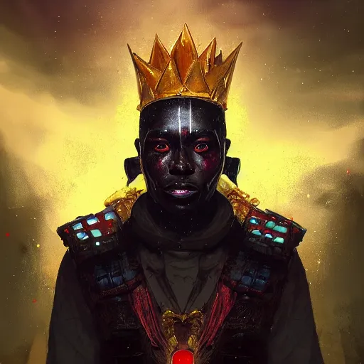 Image similar to a dark and ominous african moor with glowing eyes and a golden crown with a ruby crying tears of gold in a thunderstorm, Apex Legends character digital illustration portrait design, by android jones and greg rutkowski in a cyberpunk voodoo style, detailed, cinematic lighting, wide angle action dynamic portrait