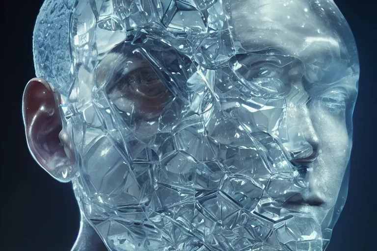 Prompt: human head enveloped in a glass crystal simulation, glinting highlights, intricate, cinematic, hyper realism, 8k, depth of field, bokeh, iridescent accents, artwork by Tooth Wu and wlop and greg rutkowski