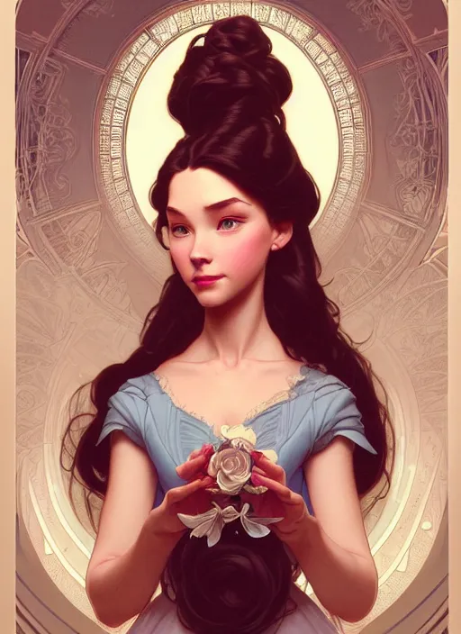 Image similar to portrait of disney belle, intricate, elegant, highly detailed, my rendition, digital painting, artstation, concept art, smooth, sharp focus, illustration, art by artgerm and greg rutkowski and alphonse mucha and uang guangjian and gil elvgren and sachin teng, symmetry!!