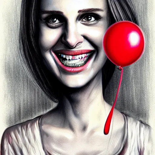 Prompt: surrealism grunge cartoon portrait sketch of natalie portman with a wide smile and a red balloon by - michael karcz, loony toons style, chucky style, horror theme, detailed, elegant, intricate