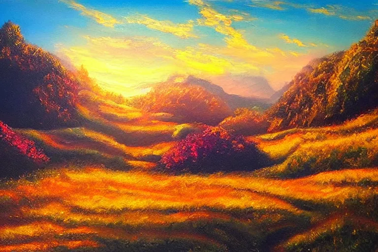 Image similar to landscape, fantasy, painting, ultra realistic!!!, clear weather, golden hour, sharp focus