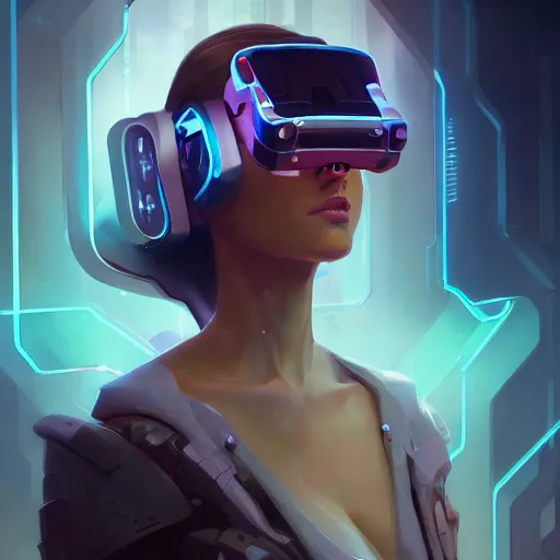 Image similar to a portrait of a beautiful cybernetic girl wearing occulus rift headset, cyberpunk concept art by pete mohrbacher and wlop and josan gonzalez and syd mead, digital art, highly detailed, intricate, sci-fi, sharp focus, Trending on Artstation HQ, deviantart, unreal engine 5, 4K UHD image