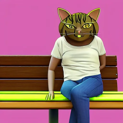 Image similar to 3 d photo of bill cosby with cat ears and long hair looking to her side, sitting on a bench with a park behind her, bokeh, shader, anime art style, highly detailed, cel - shaded, colorful, animated, trending