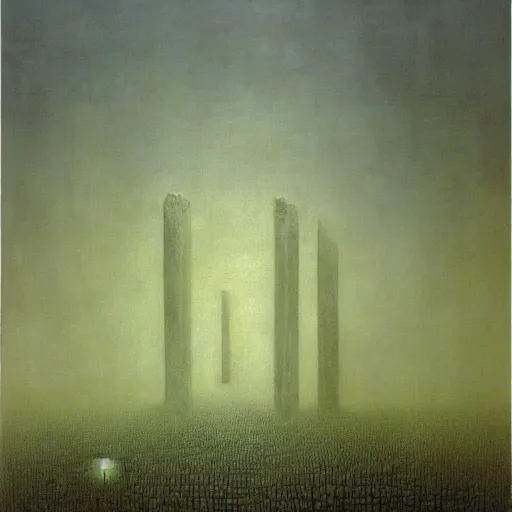 Prompt: arm reaching out of thick fog, symetrical rows of tall stone columns in far distance, intricate zdzislaw beksinski