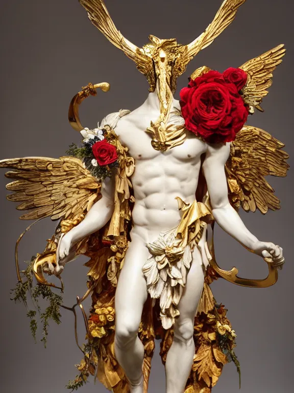 Prompt: a icarus with wings in the form of a Greek sculpture with a mask in the form of golden elk skull and wreath of flowers, roses in hands, dressed in a flower dress, stands in the pose of a super hero on a golden stone, silk, fabric, birds, flowers. red plastic. baroque elements, human skull. full-length view. baroque element. intricate artwork by caravaggio. many many birds birds on background. Trending on artstation. halo. octane render, cinematic, hyper realism, octane render, 8k, depth of field, bokeh. iridescent accents. vibrant. teal and gold and red colour scheme