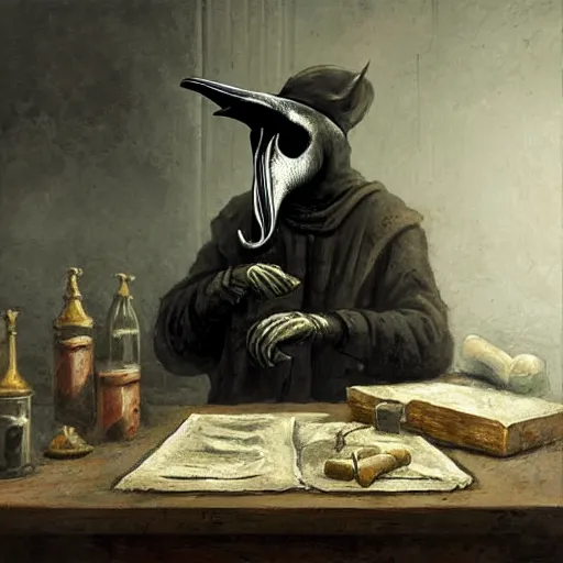 Image similar to plague doctor working in medieval apothecary wearing gloves, bird beak, magical alchemy laboratory, oil painting, by Greg Rutkowski