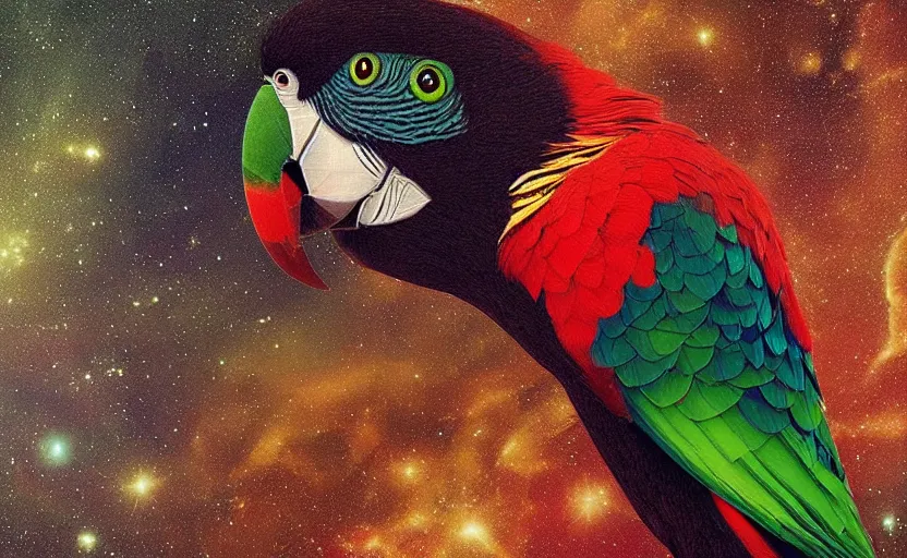 Image similar to “Portrait of a parrot” wearing a beautiful Costume , on a dark nebula background” digital Art, concept Art, highly detailed, 3-D 4K, trending on art station, Award winning, Mark Brooks,