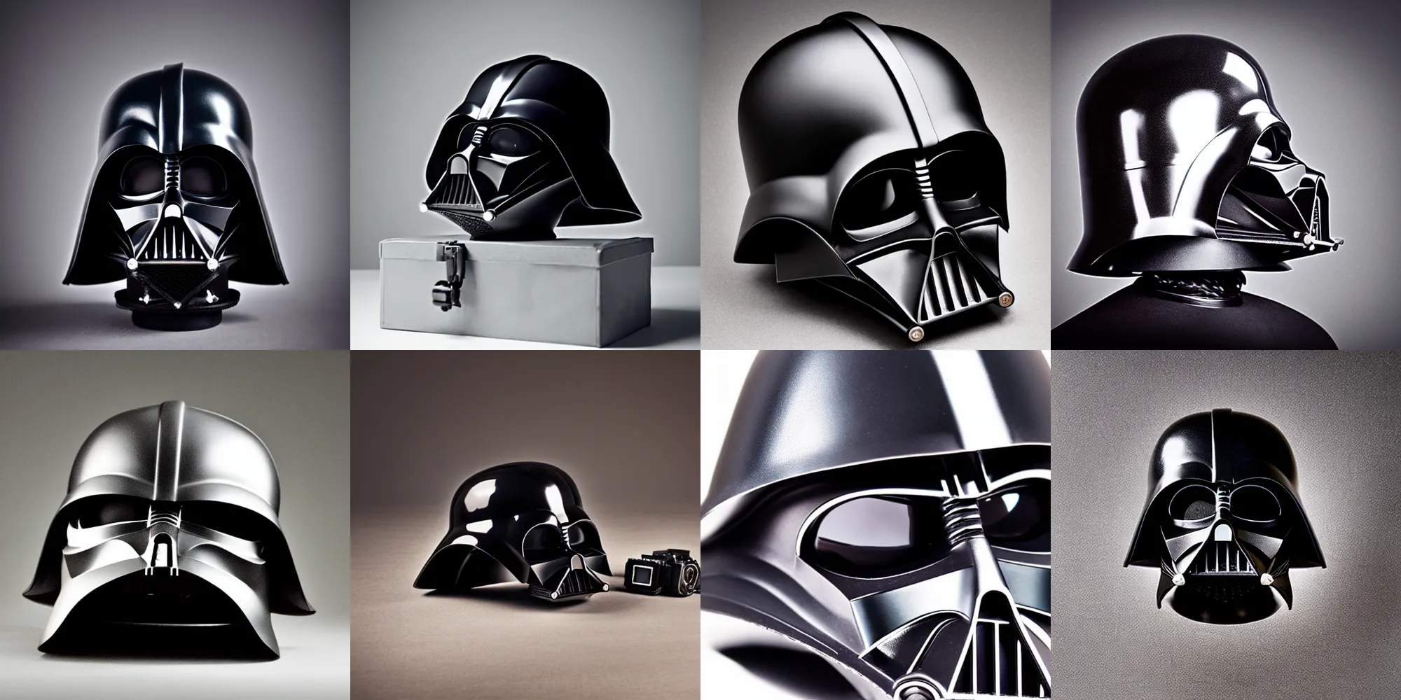 Prompt: photograph of a medium format camera!!! that looks like Darth Vader's (helmet) . very detailed. plain background. 8K . still life photo. elegant design.