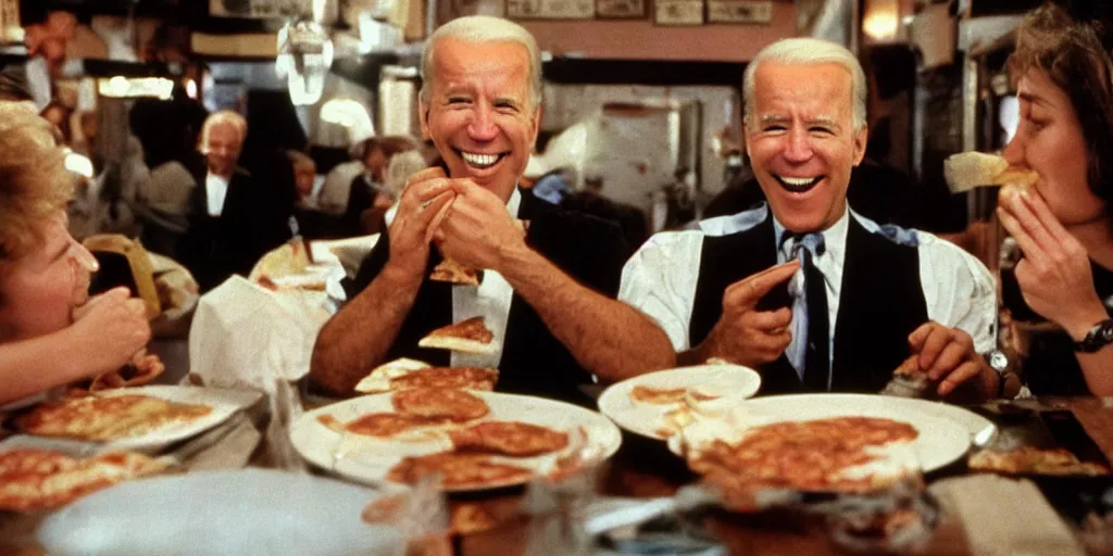 Image similar to color film of joe biden eating pizza in an italian restaurant 1 9 9 4 im the film of forest gump, grinning, close up, detailed