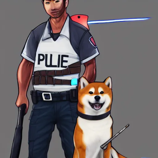 Prompt: muscular shiba inu holding a baseball bat, wearing a police uniform character design, highly detailed digital art, atmosphere, glow, lens flare, cinematic lightning, hyperrealistic, focused, extreme details, 4 k, ultra detailed, trending on artstation, masterpiece, digital art.