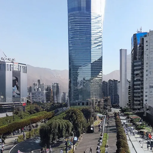 Prompt: pintura de Santiago de chile, costanera center pintado al estilo de Ximena Armas