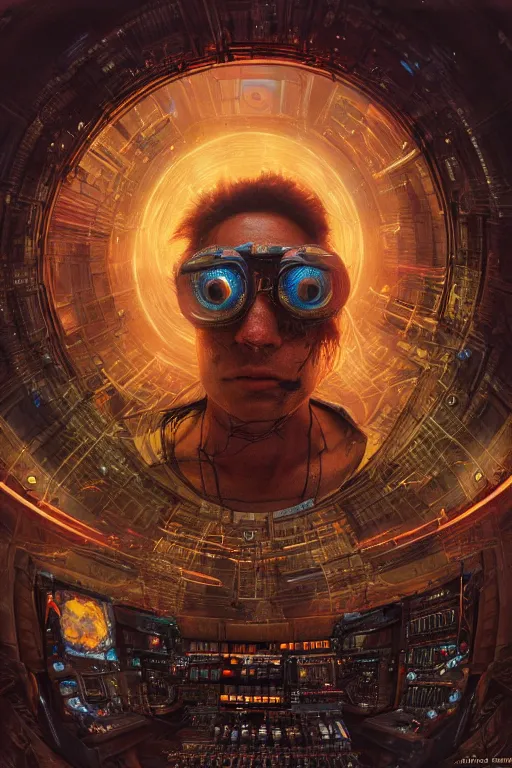 Image similar to a fisheye lens photo of a post apocalyptic tribal dj tweaking and playing synthesizers in the most complicated and technical spiral fractal musical studio, powerful, cinematic, beautifully lit, by donato giancola, by artgerm, by karol bak, 3 d, perfect face and body, trending on artstation, octane render, 8 k