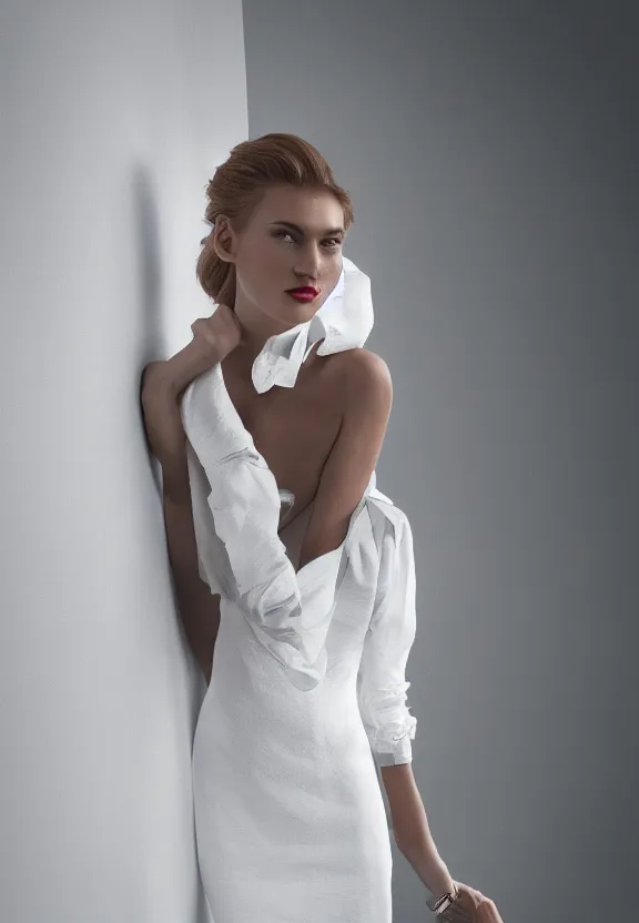 Prompt: fashion photoshoot contrast white dress lighting article page