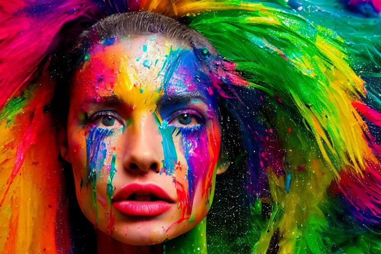 Prompt: a highly detailed cinematic headshot portrait photograph of a woman with a liquid paint headdress, with rainbow paint splash, melting smoothly into other faces, liquid, ultra realistic, beautiful rim lighting, by richard avedon and annie leibovitz and arnold newman, photorealistic, hyperrealistic, octane, high speed camera, zeiss lens, sharp focus, paint splash