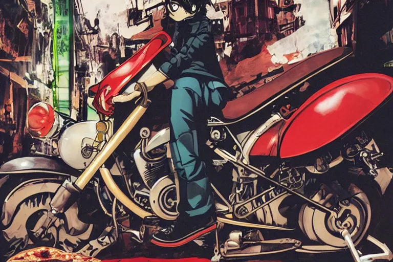 Image similar to italian pizza, akira's motorcycle, gorillaz, poster, high quality