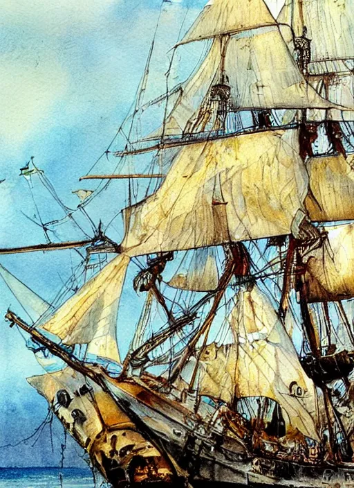 Prompt: photo realistic galleon, art by harvey dunn and howard pyle, illustration, watercolor art,