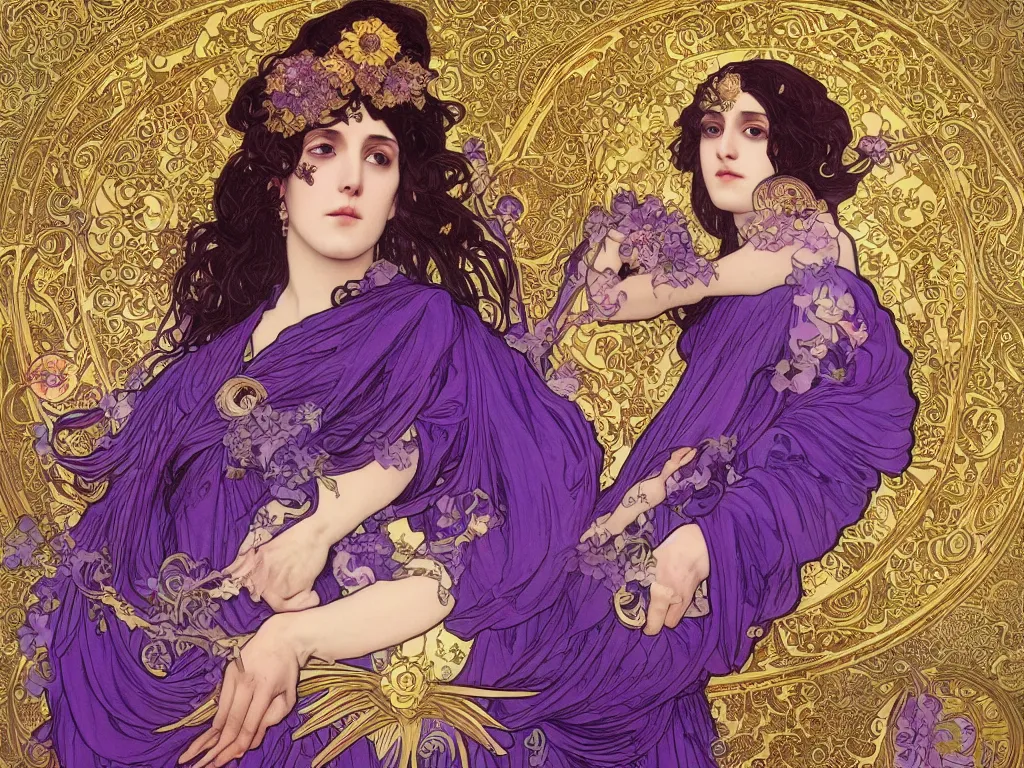 Image similar to thanatos, god of peaceful death, closed eyes, long hair, wearing ornate silk and lace clothes, gold jewelry, moon, purple feathers, by Alphonse Mucha, by artgerm, rule of thirds, super detailed, 8k