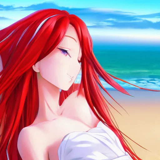 Prompt: detailed anime girl with long red hair in a white silky dress sitting in the sand on a beach at sunset, pixiv art