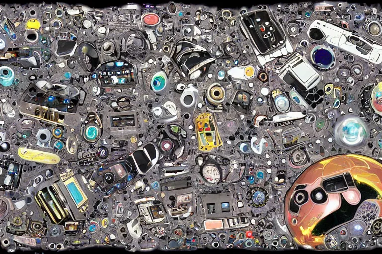 Prompt: a universe made of millions of dead machines, cybernetic amalgum of android parts, machine entity of cosmic power, many robotic lenses, abstract scifi art