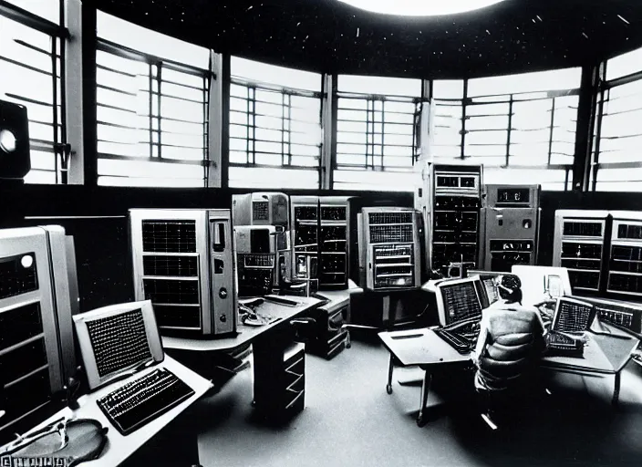 Image similar to realistic photo interior of the spacious chrome metal polished sci - fi medieval expensive room observatory scientific interior with dozens of computers and displays 1 9 9 0, life magazine reportage photo