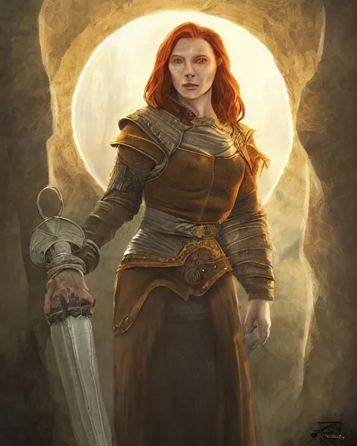 Image similar to the elder scrolls vi, charismatic rugged female redhead breton mage portrait, illustration, rim light, top light, perfectly shaded, golden hour, epic, intricate, soft painting, by leesha hannigan, ross tran, thierry doizon, kai carpenter, ignacio fernandez rios