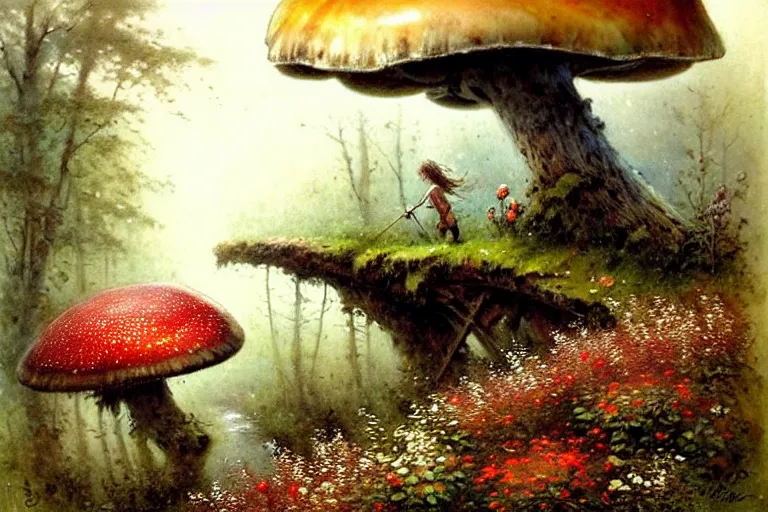 Image similar to adventurer ( ( ( ( ( 1 9 5 0 s retro future forrest of giant mushrooms, moss and flowers, stream with bridge. muted colors. ) ) ) ) ) by jean baptiste monge!!!!!!!!!!!!!!!!!!!!!!!!! chrome red