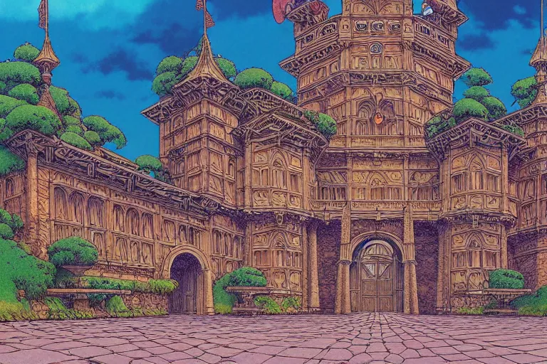 Prompt: establishing shot of a late renaissance castle on an island, key visual with intricate linework, in the style of moebius, ayami kojima, 9 0's anime, retro fantasy, studio ghibli