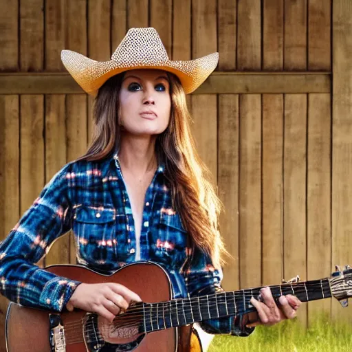 Image similar to a female fox animal, wearing cowboy hat, wearing plaid shirt, playing guitar, inside a barn, album cover style