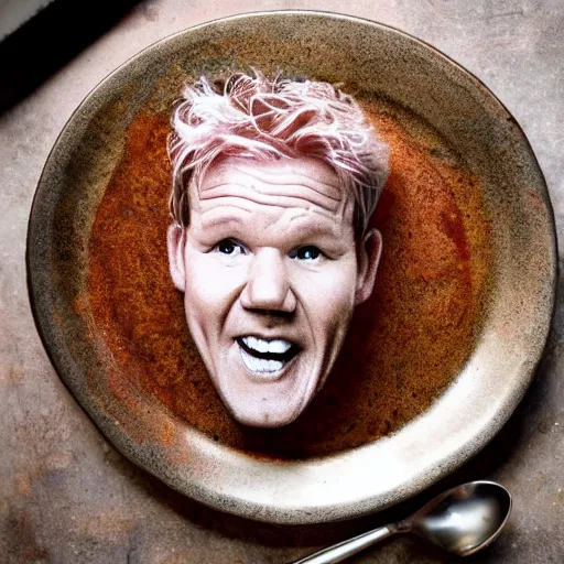 Image similar to gordon ramsay's face on a cooked leg of ham on a plate