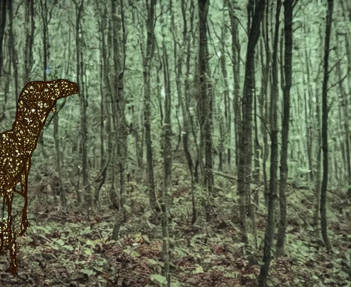 Prompt: grainy found footage of a creature in a forest, grainy, creature in view, scary, color