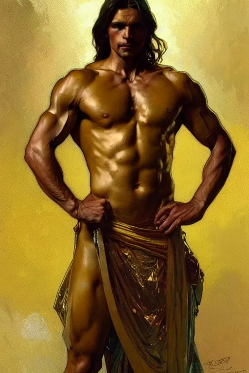 Prompt: A man wearing golden clothes, muscular, fantasy, painting by greg rutkowski and alphonse mucha