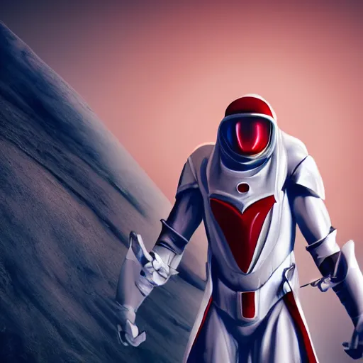 Image similar to tall muscular infantry man in glossy sleek white armor with a few red details and a long red cape, heroic posture, on the surface of mars, night time, dramatic lighting, cinematic, sci-fi, hyperrealistic, movie still